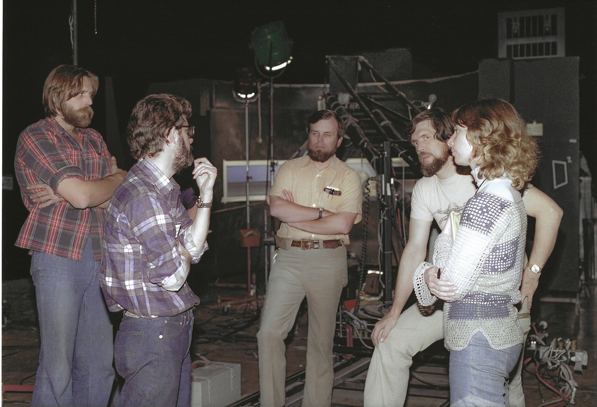 L to r, John with director George Lucas on the Star Wars set, Gary Kertz, Richard Edland, Rose Duignan
