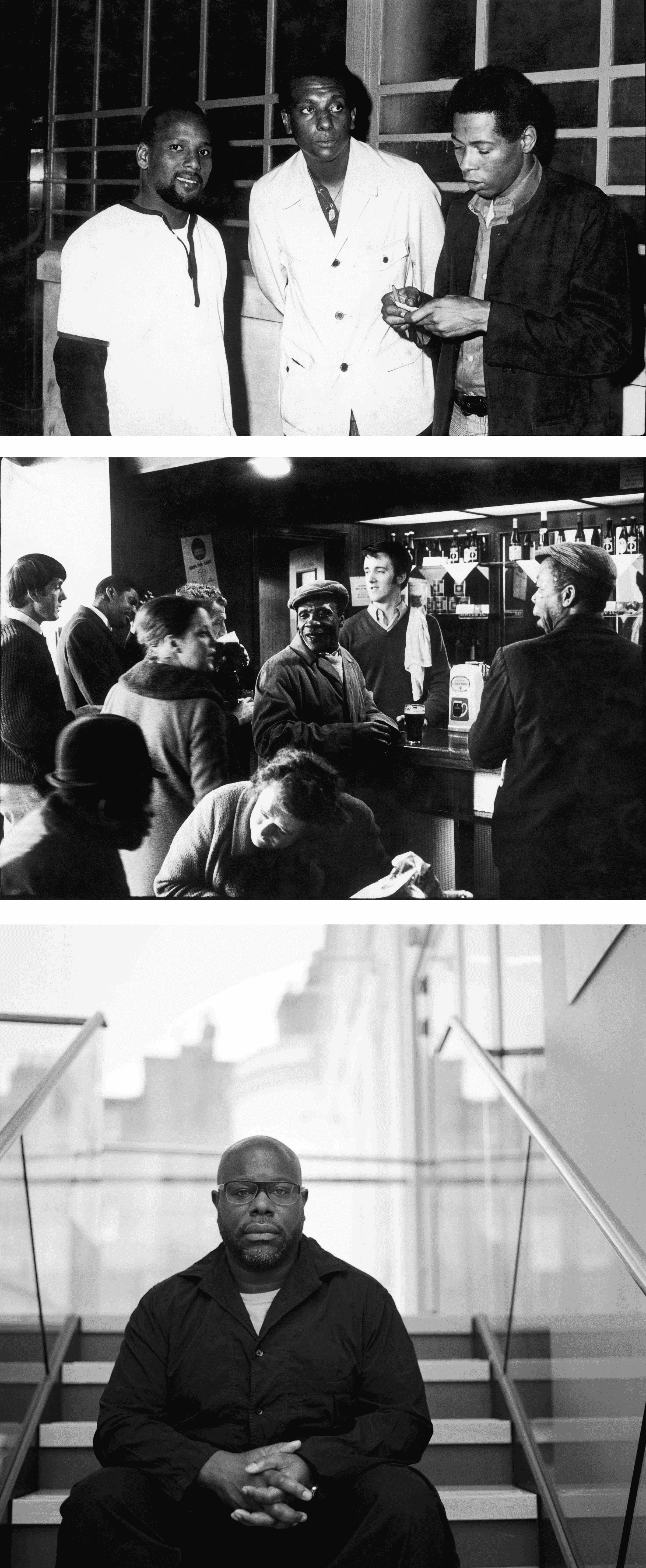 (T) American radical Stokely Carmichael (center) at the Cue Club, 1967 (M) The Piss House Pub, 1969 (B) Steve McQueen, 2020 // © Charlie Phillips / www.nickyakehurst.com
