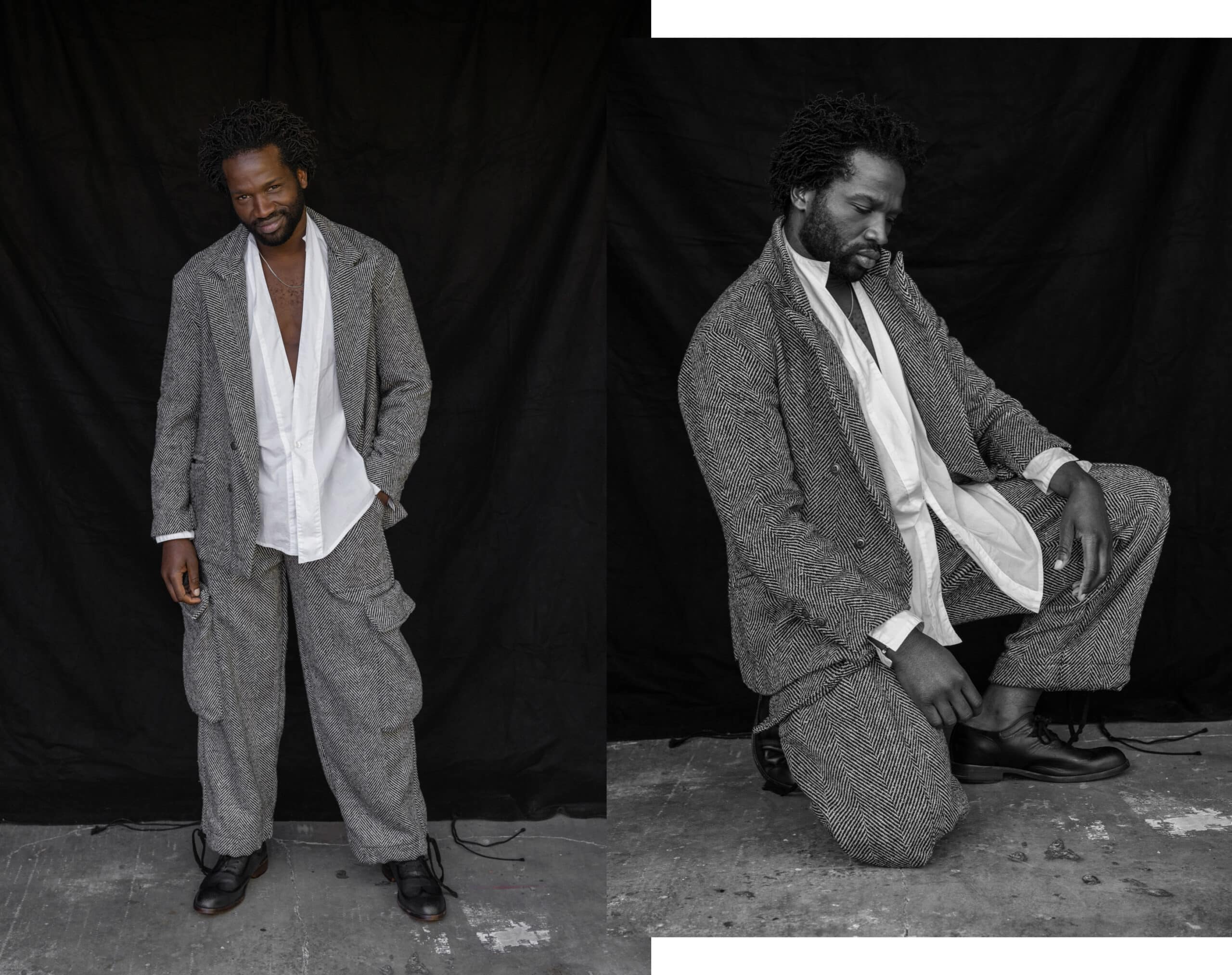 Sopẹ́ wears black and white herringbone tweed jacket, matching cargo pants, andwhite collarless cotton shirt. All by GREG LAUREN. Black lace ups by GEORGE ESQUIVEL. All jewelry throughout,Sopẹ́’s own. // : Dylan Coulter