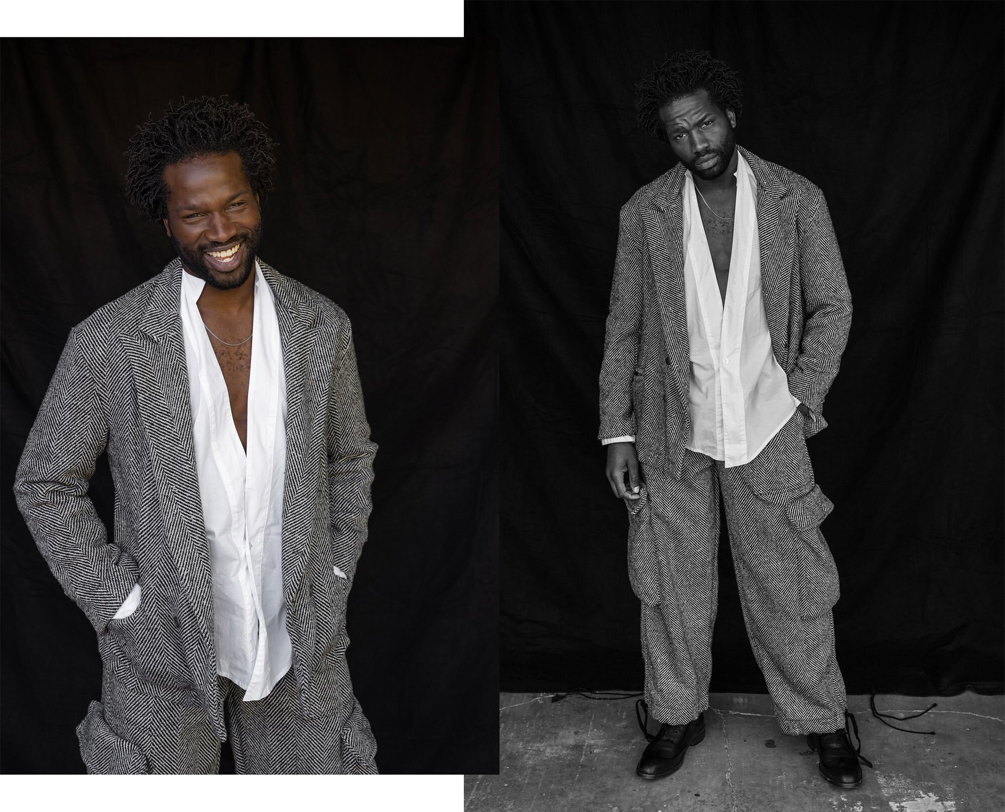 Sopẹ́ wears black and white herringbone tweed jacket, matching cargo pants, andwhite collarless cotton shirt. All by GREG LAUREN. Black lace ups by GEORGE ESQUIVEL. All jewelry throughout,Sopẹ́’s own. // : Dylan Coulter