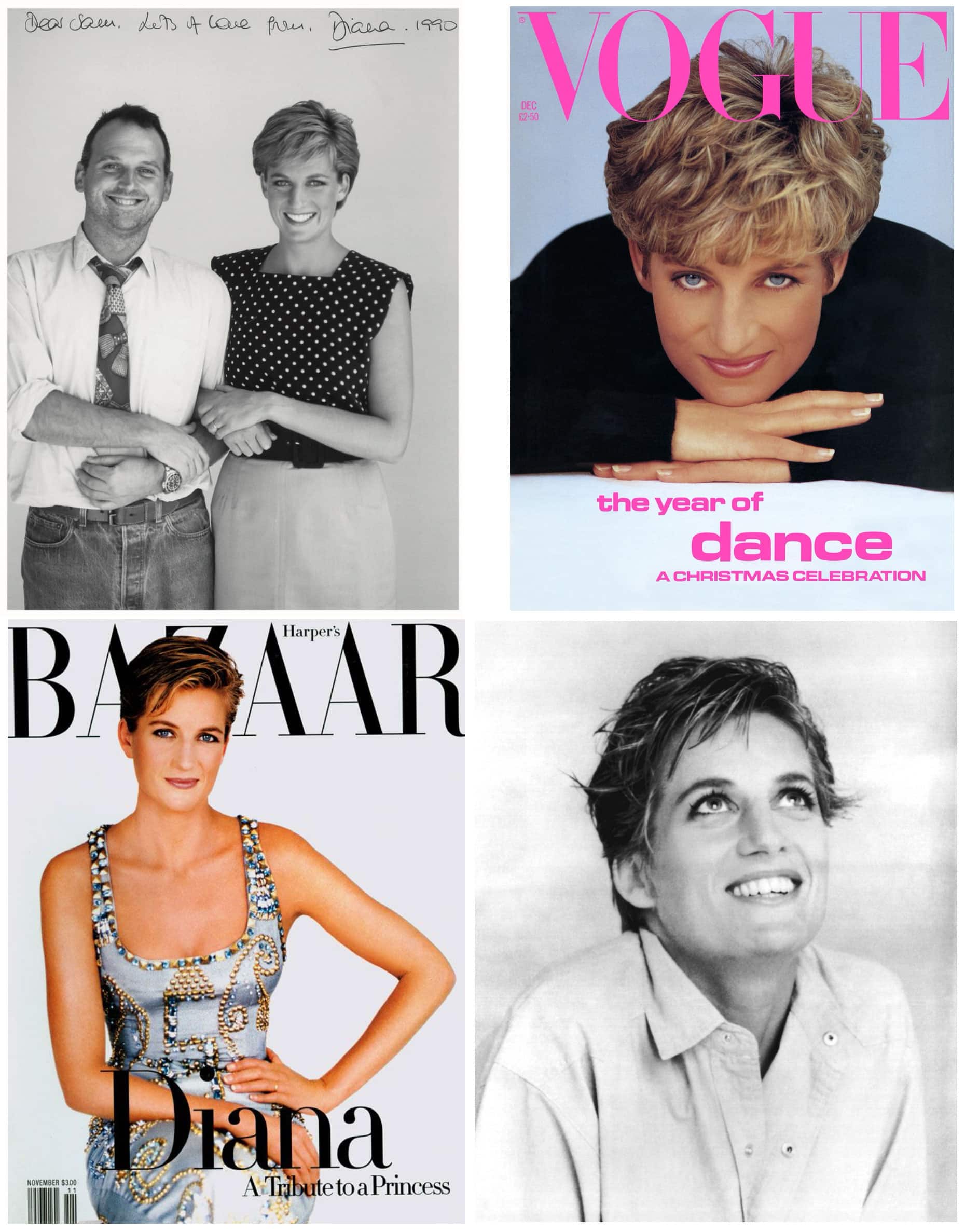 Clockwise from top left:McKnight with Princess Diana, 1990; Princess Diana Vogue cover by Patrick Demarchelier; Princess Diana by Lord Snowdon; Harper’s Bazaar cover by Patrick Demarchelier. All hair by Sam McKnight.
