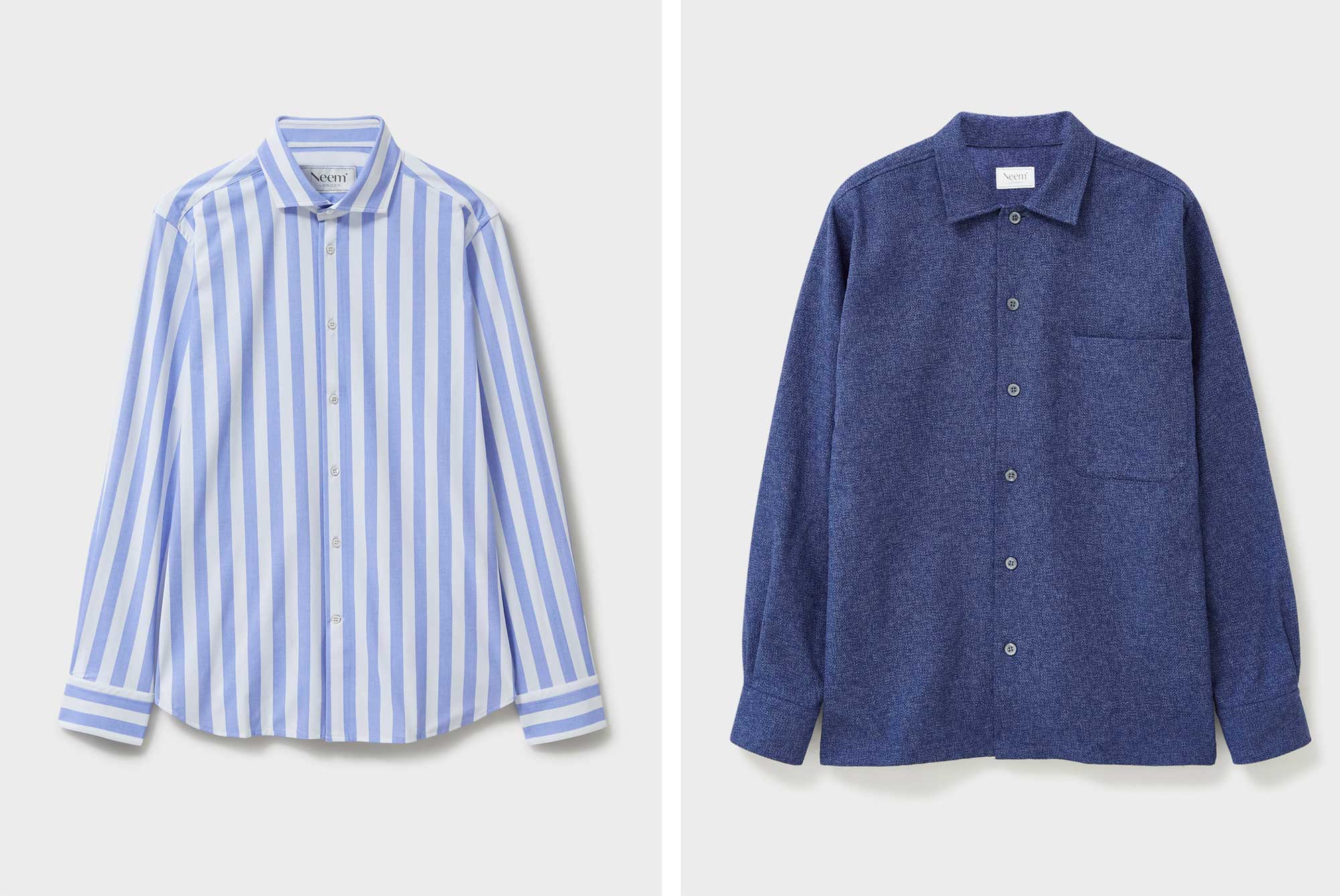 On Left: Neem London comfort cutaway sky stripe shirt | On Right: Neem London blue cross weave shirt