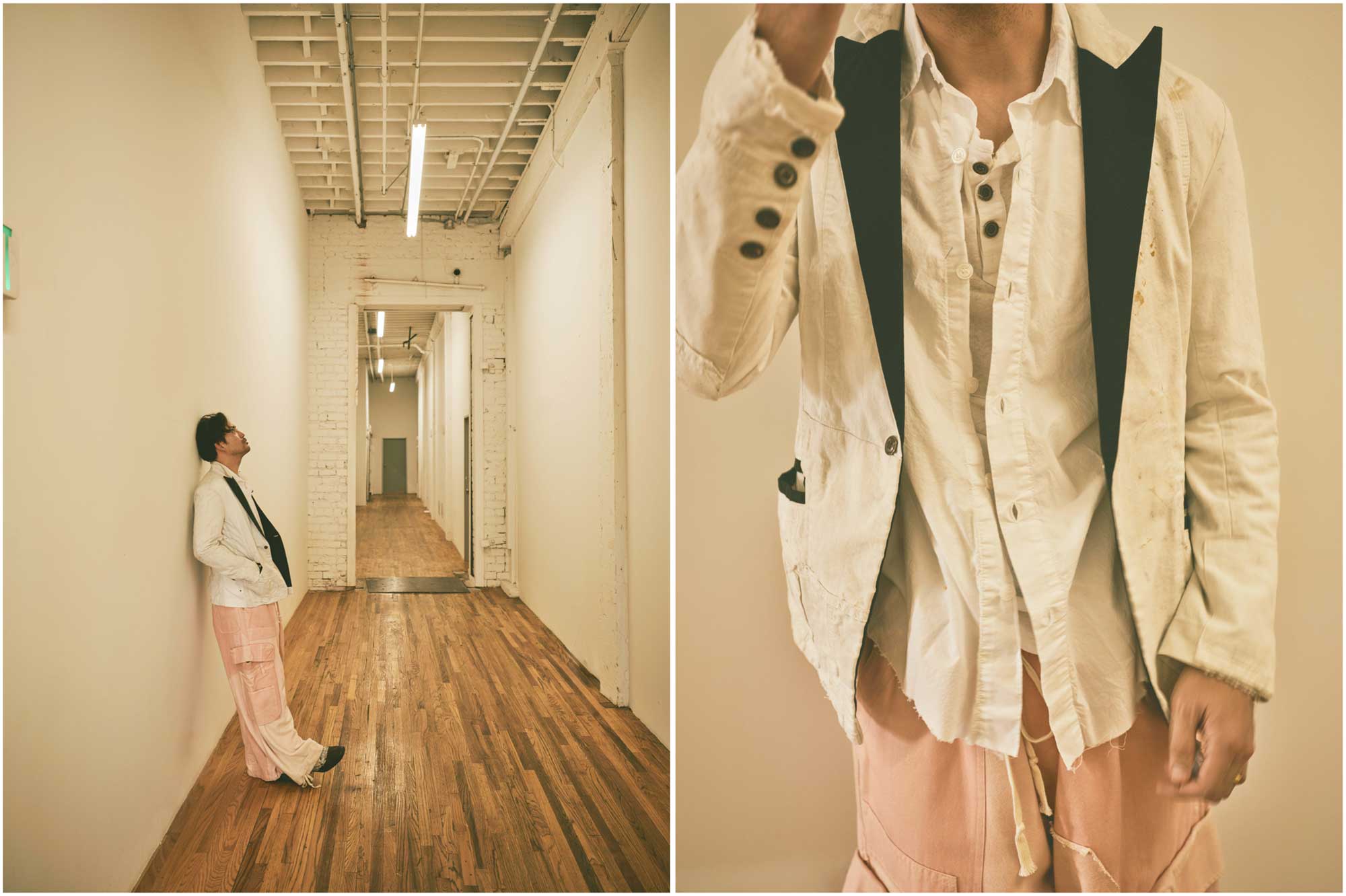 Joseph wears GREG LAUREN ivory canvas tux jacket; white cotton shirt; white button up long sleeved cotton jersey tee; wide leg salmon pink cargo pants; hand painted leather shoes. //📸 : Beau Grealy