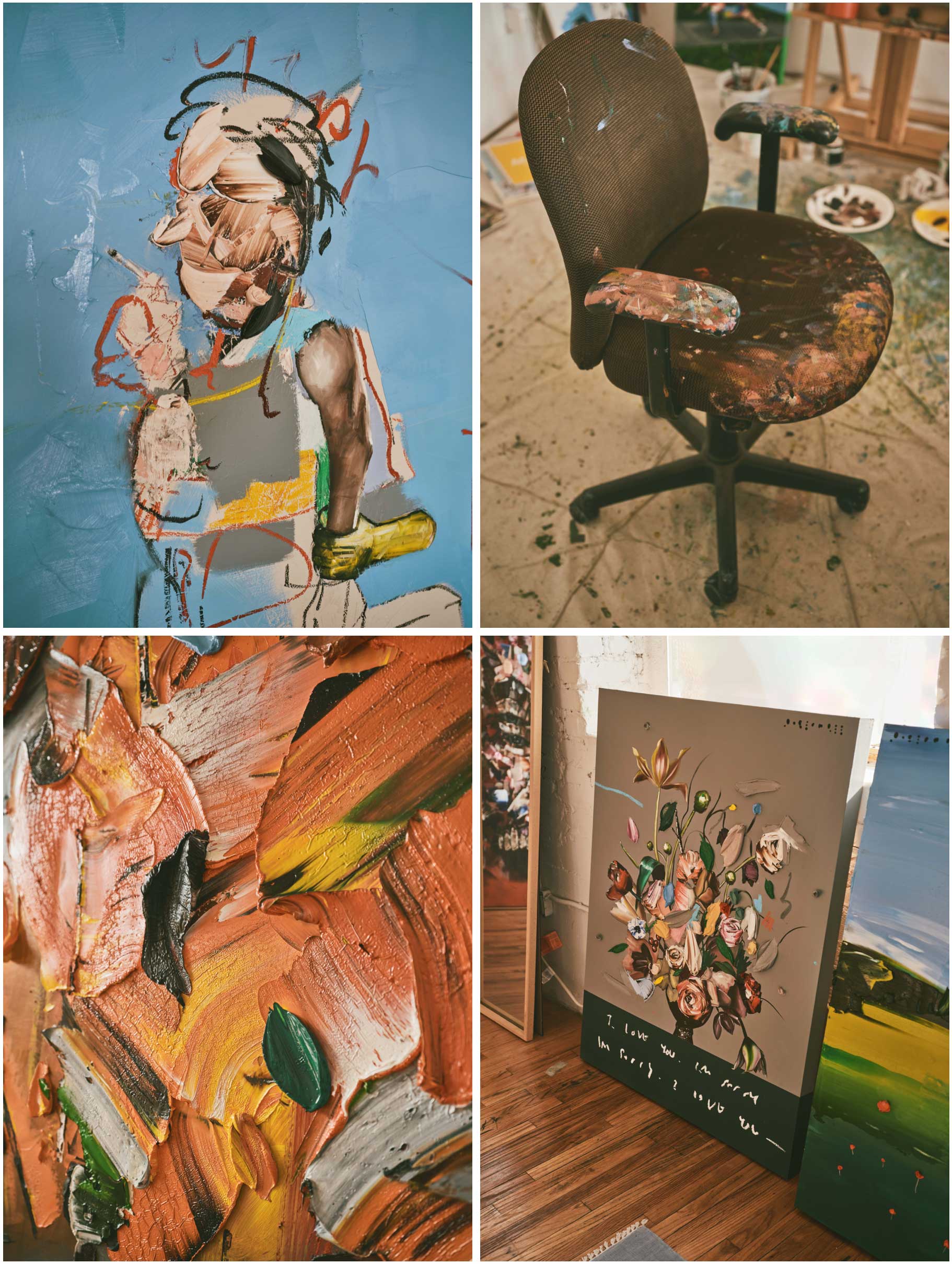 CLOCKWISE FROM TOP LEFT: A work in progress; Joseph’s studio; 'Same Differences'; paint detail.