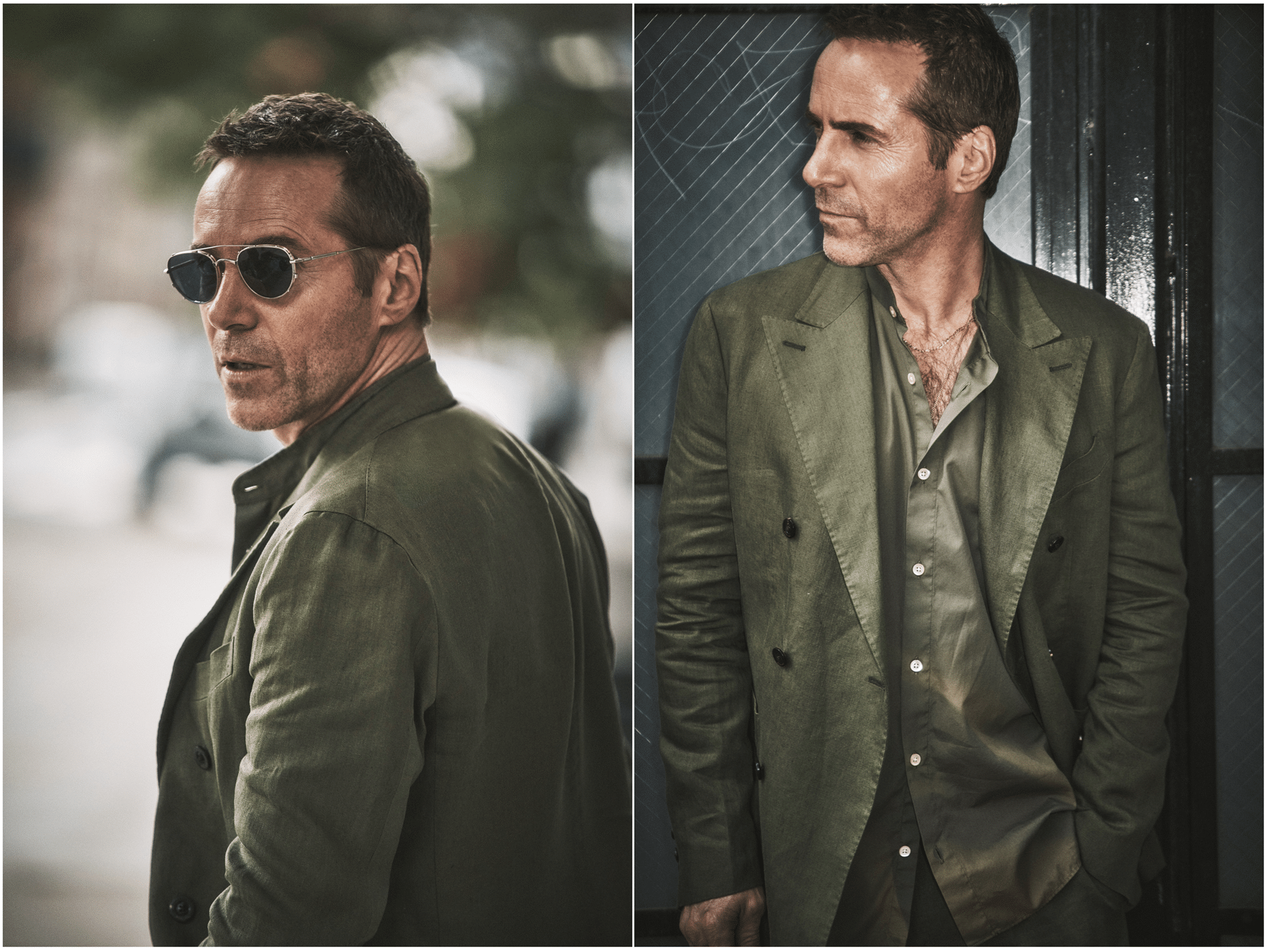 Alessandro is wearing an olive suit and shirt by BOGLIOLI; sunglasses byJACQUES MARIE MAGE.