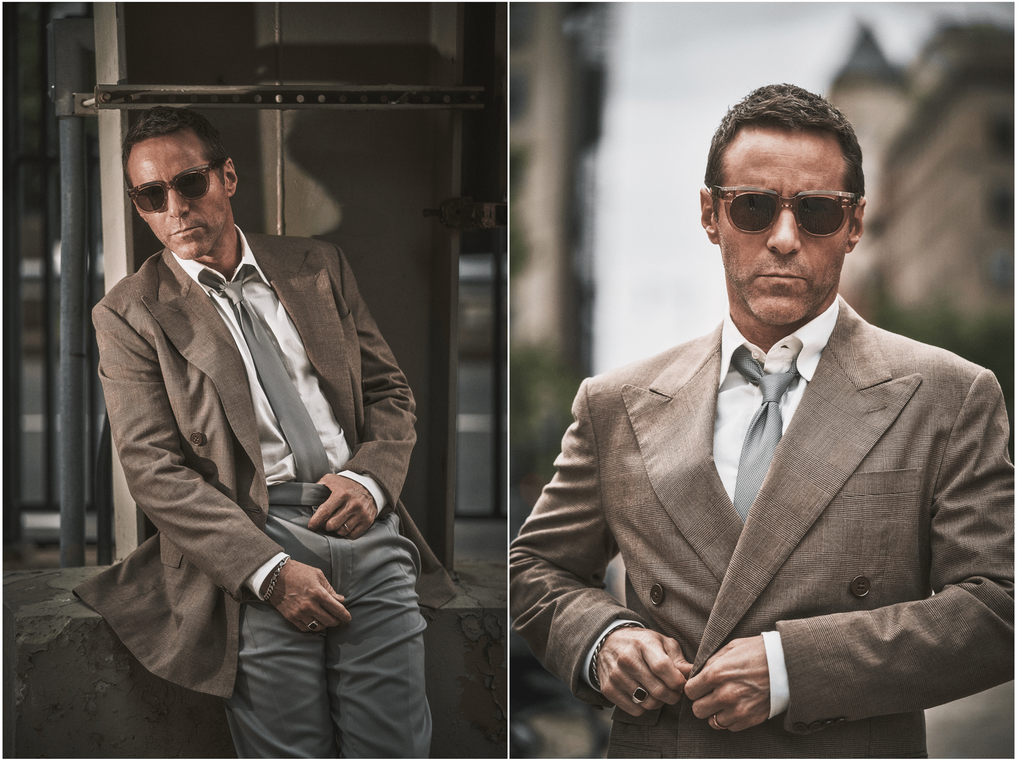 Jacket, shirt, tie, and pants by RALPH LAURENPURPLE LABEL; sunglasses by JACQUES MARIE MAGE.